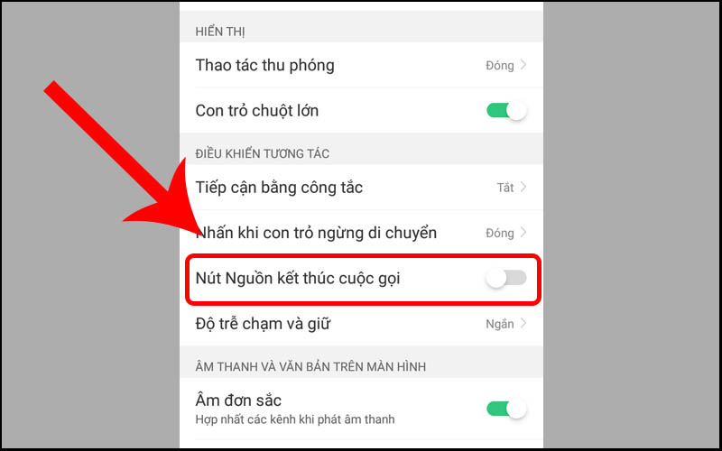 Gạt công tắc sang trái tại mục Nút Nguồn kết thúc cuộc gọi