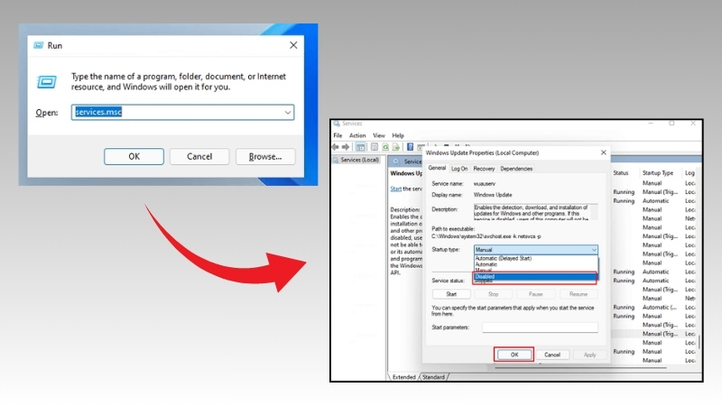 Tắt update Win11 qua Services