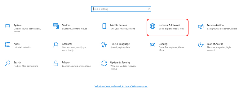 Chọn Network & Internet trong mục Settings