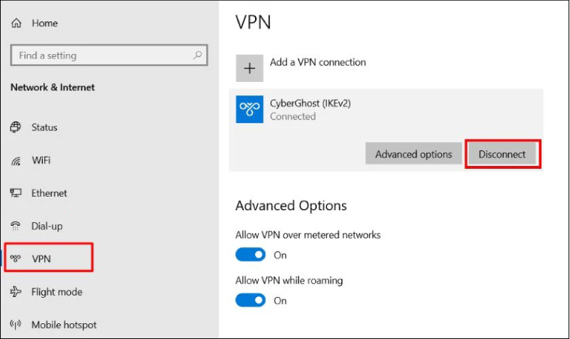 Chuyển trạng thái sang Disconnect cho VPN cần tắt