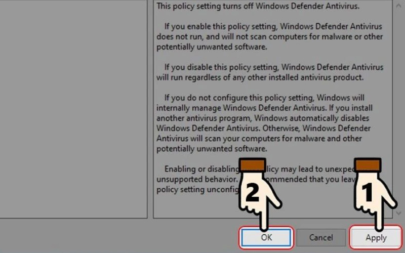 Chuyển trạng thái thành Enabled để tắt Windows Defender