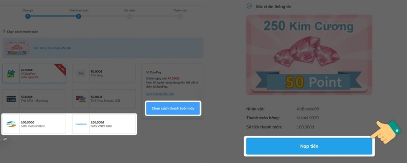 Thanh toán bằng SMS để nạp Ngôi sao thời trang