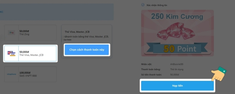 Thanh toán bằng Thẻ Visa/Mastercard/JCB để nạp Ngôi sao thời trang