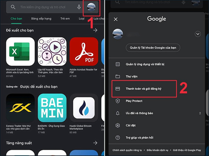 Chọn Thanh toán và gói đăng ký