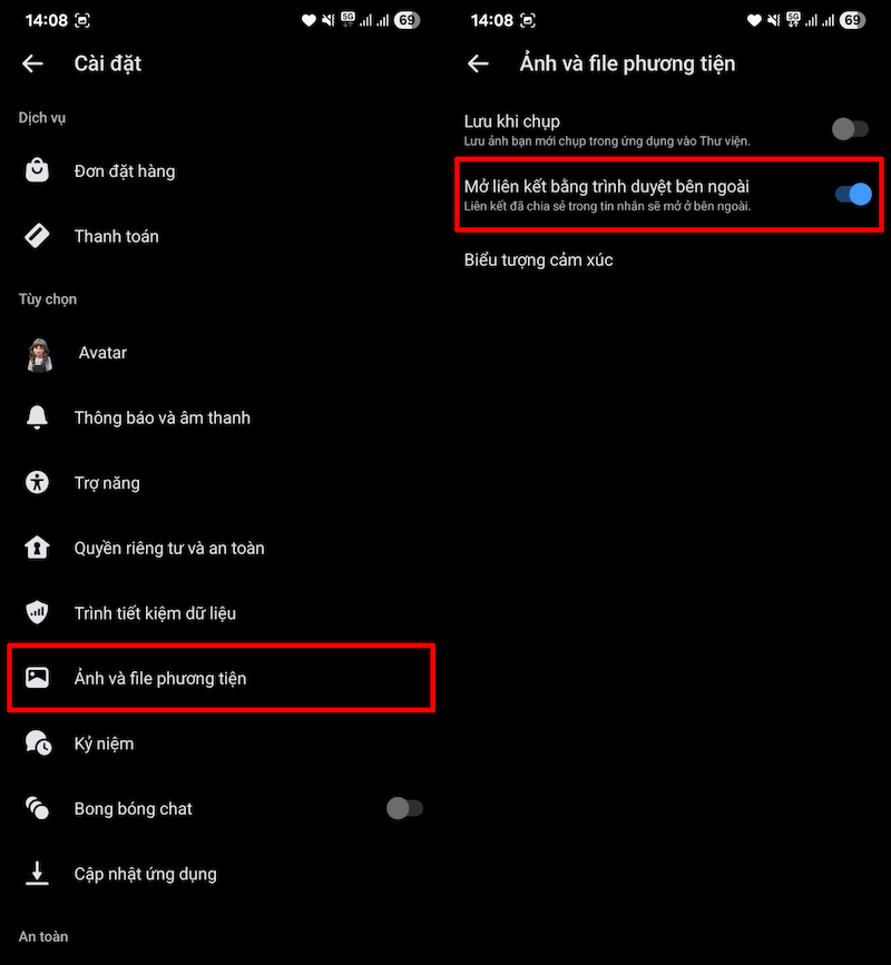 Thay đổi cài đặt mở liên kết trong Messenger