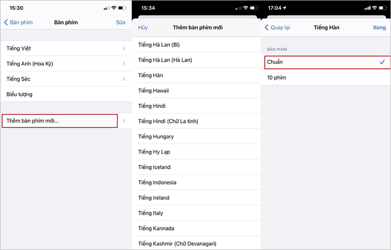 Thêm bàn phím mới > chọn Tiếng Hàn (Korean) > nhấn Xong (Done)
