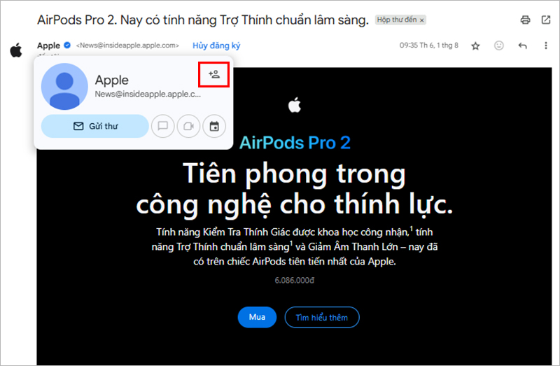 Thêm người gửi vào danh bạ từ email