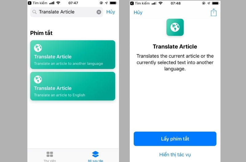 Mở ứng dụng Phím tắt và thêm Translate Article vào thư viện 