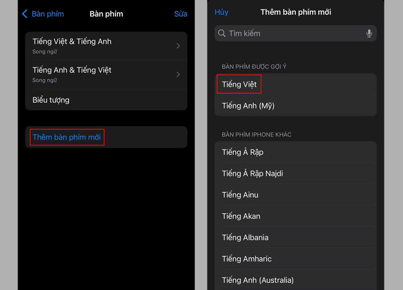 Chọn Thêm bàn phím mới và nhấn vào mục Tiếng Việt