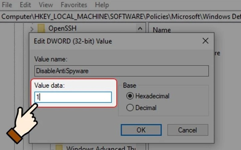 Thiết lập giá trị 1 trong khung Value Data, base là Hexadecimal 