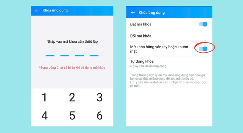 Tiến hành nhập mã hoặc xác thực sinh trắc học cho ứng dụng Zalo