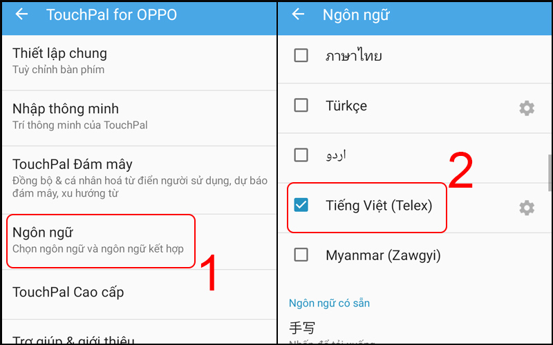 Chọn Ngôn ngữ và nhấn chọn mục Tiếng Việt (Telex)