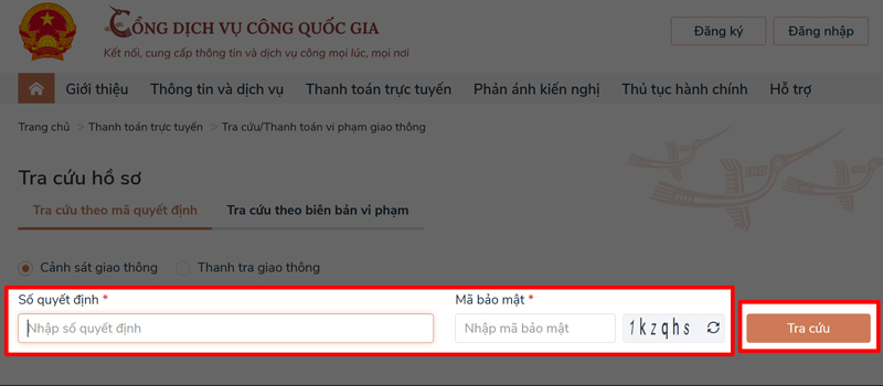 Vào trang chủ nộp phạt nguội và tra cứu quyết định xử phạt
