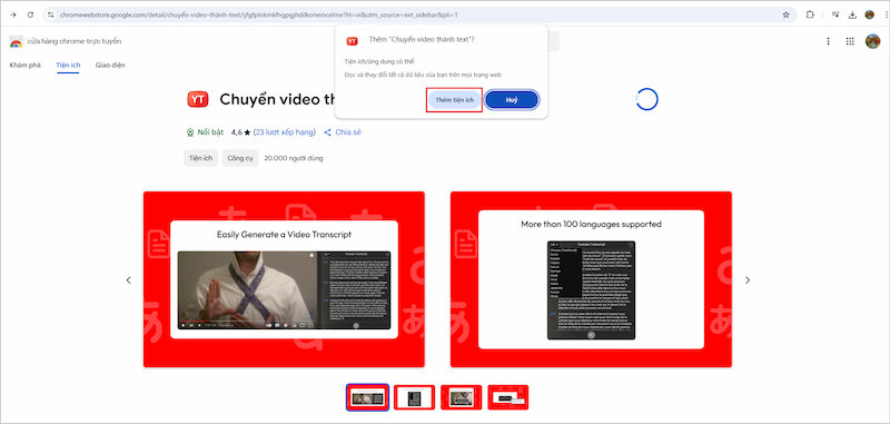 Tiện ích chuyển video thành text trên Cửa hàng Chrome