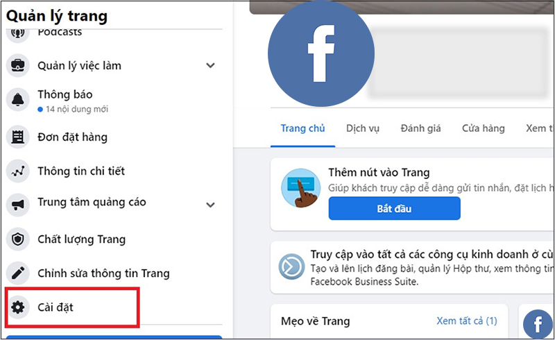 Chọn mục "Cài đặt" trên Fanpage