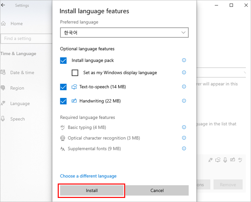 Tìm Tiếng Hàn (Korean) > Tiếp theo (Next) > Cài đặt (Install)