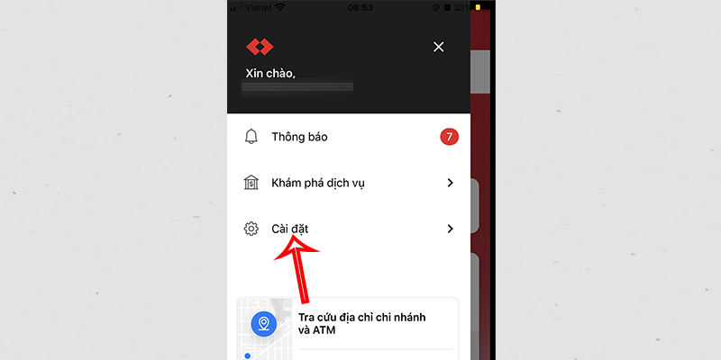 Mở app Techcombank chọn vào biểu tượng dấu ba gạch và mở Cài đặt