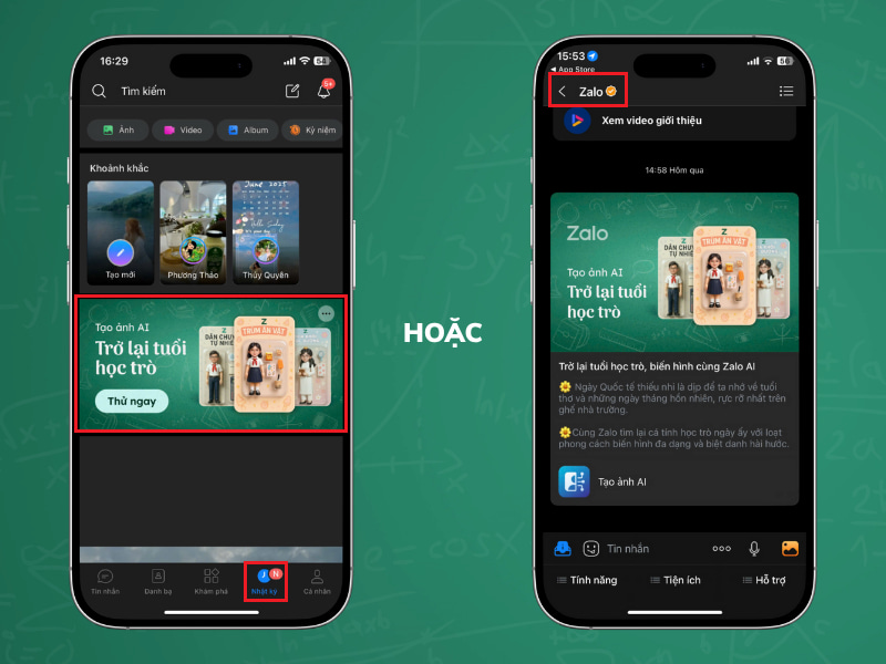 Mở Zalo để vào tính năng tạo ảnh AI - Trở lại tuổi học trò