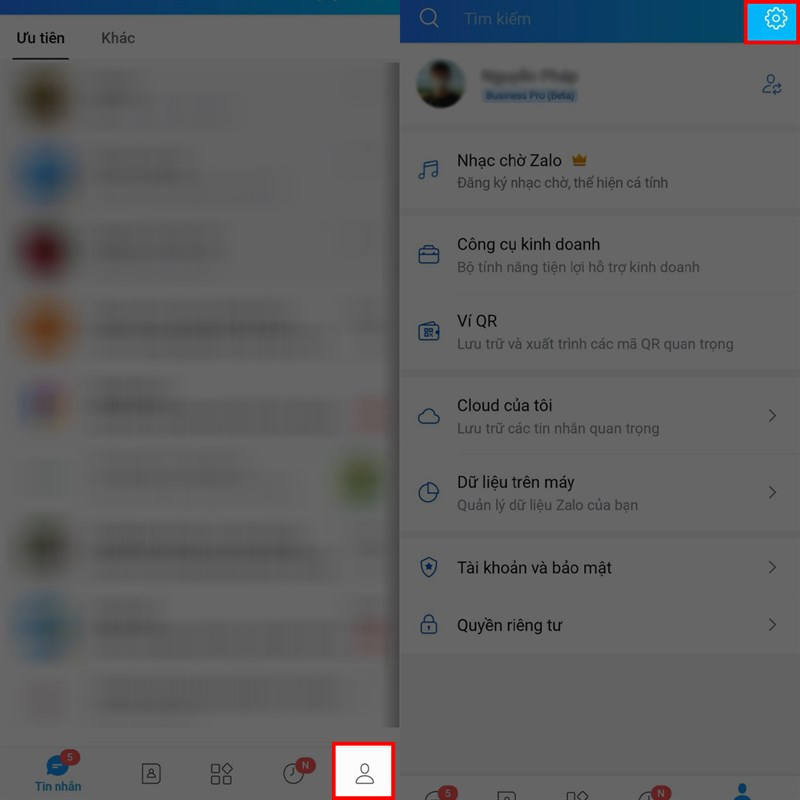 Mở ứng dụng Zalo và chọn vào biểu tượng cài đặt
