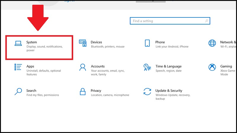 Chọn Hệ thống trong Cài đặt của máy tính Windows