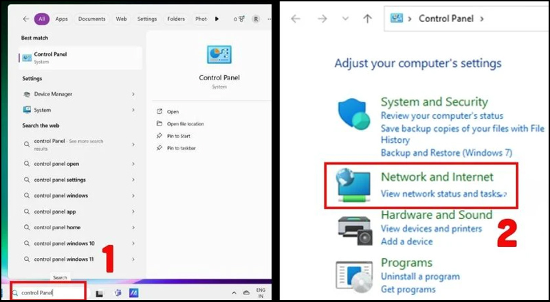 Mở Control Panel và vào mục Network and Sharing Center