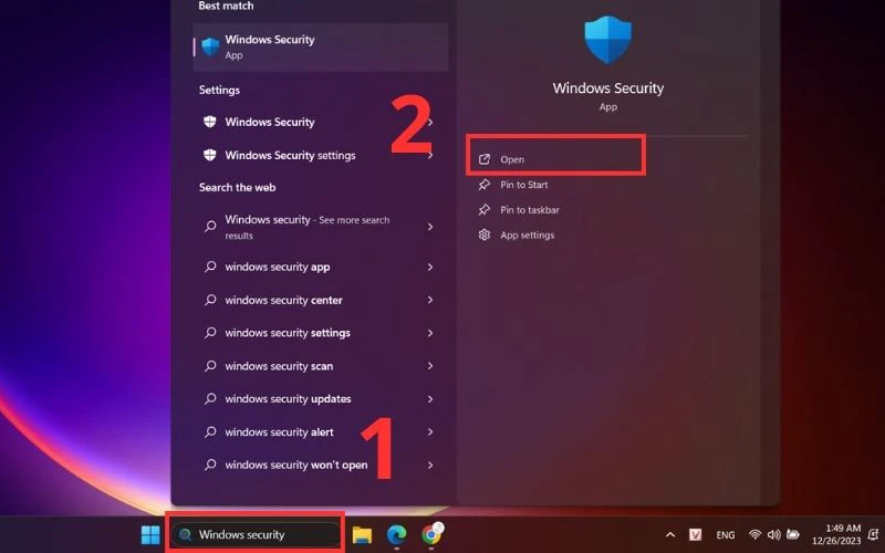 Truy cập Windows Security và nhấn Open để mở