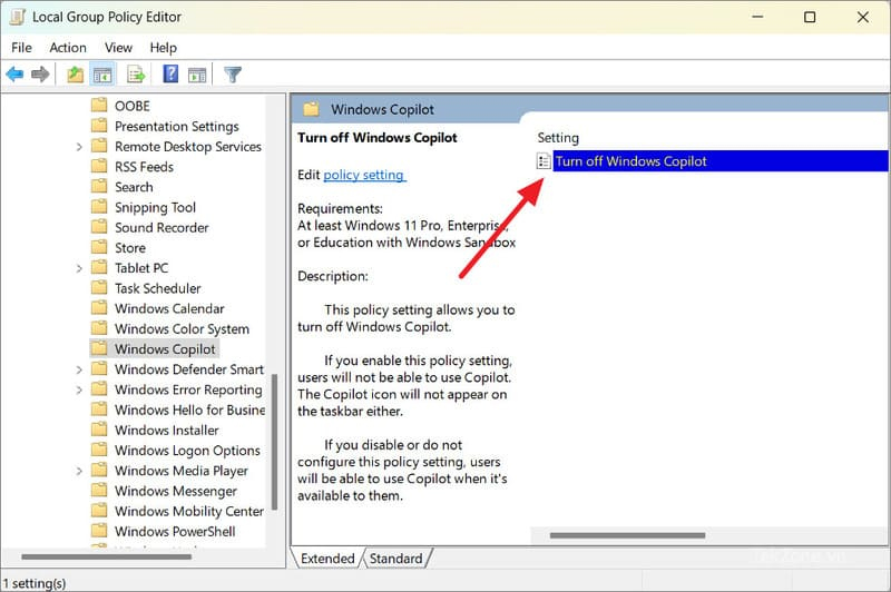 Nhấp đúp vào cài đặt có tên "Turn off Windows Copilot" (Tắt Windows Copilot)