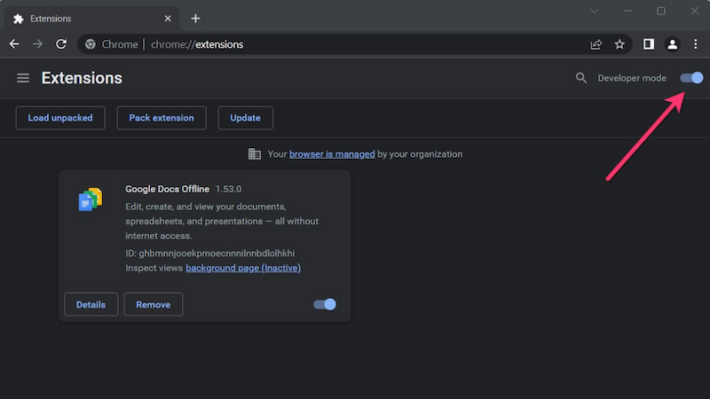 Vào Chrome Extensions để bật Developer Mode