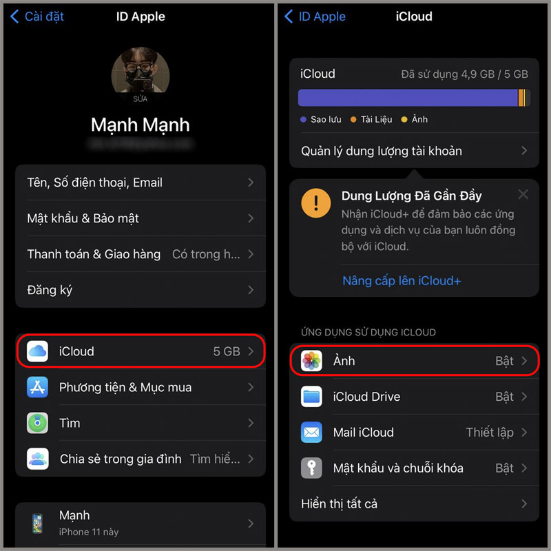 Chọn vào mục Ảnh trong iCloud để sao lưu