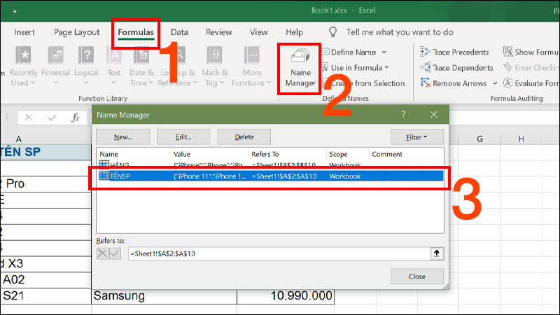 Chọn Name Manager và tên vùng dữ liệu muốn chỉnh sửa