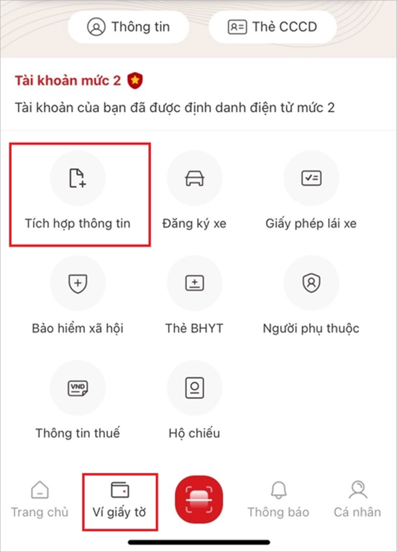 Truy cập mục "Ví giấy tờ" > chọn "Tích hợp thông tin"