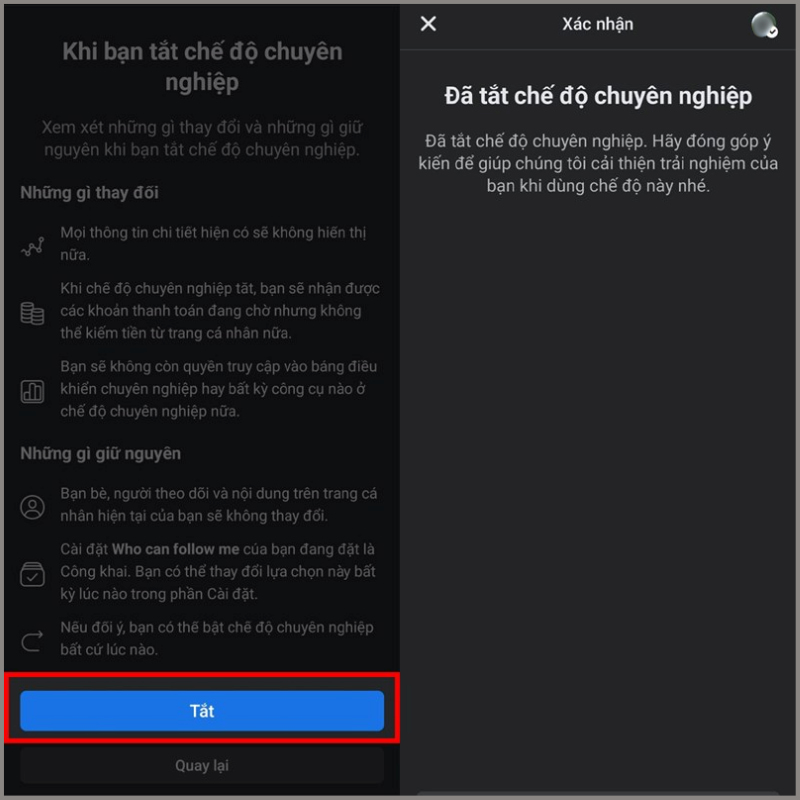 Hoàn tất Tắt chế độ chuyên nghiệp trên Facebook