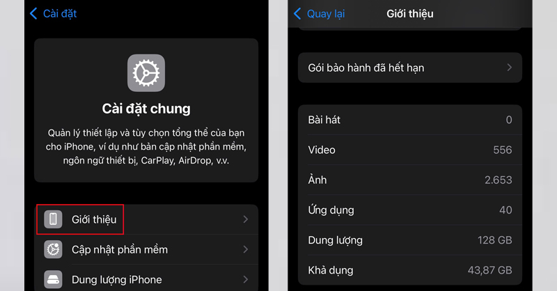 Chọn Cài đặt chung, nhấn vào mục Giới thiệu
