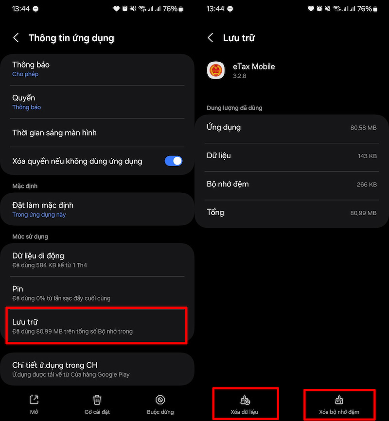 Xóa bộ nhớ cache và dữ liệu eTax Mobile