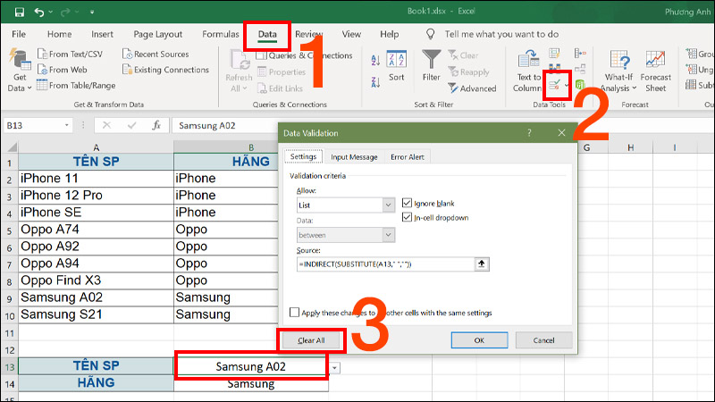 Xóa danh sách thả xuống đã tạo trong Excel