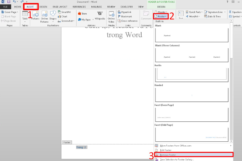 Vào tab Insert, nhấn chọn Footer, rồi bấm Remove Footer