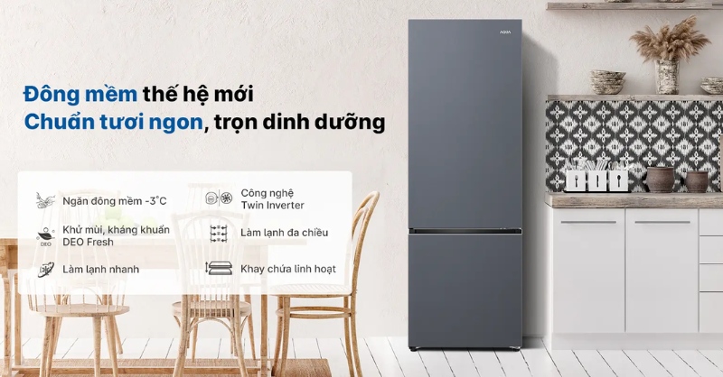 Tủ Lạnh Aqua Inverter 324 Lít AQR-B390MA(SLB) sở hữu thiết kế phẳng với tông màu đen xám