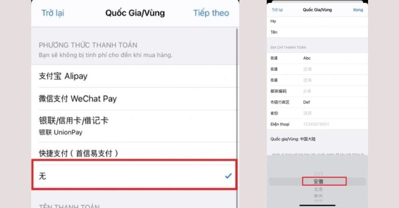 Nhấn vào mục cuối cùng trong Phương thức thanh toán và điền thông tin