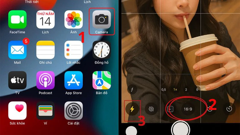 Chọn kích thước khung ảnh 16:9 và bật đèn Flash