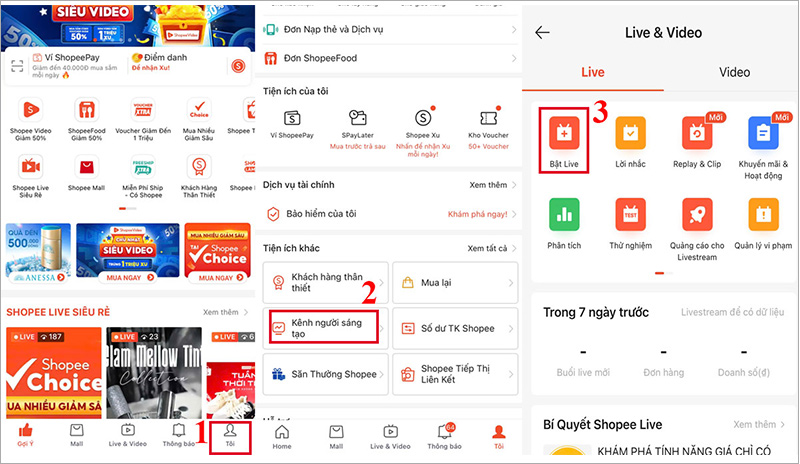 Chọn Tôi > Kênh người sáng tạo > Bật Live để tạo phiên live trên Shopee