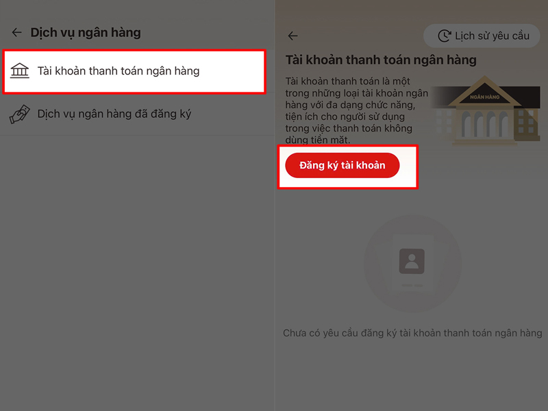 Chọn Đăng ký tài khoản ngân hàng trong Tài khoản thanh toán ngân hàng