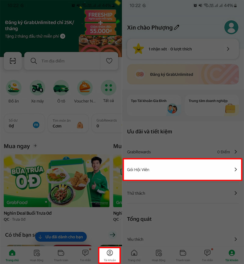 Nhấn vào mục Gói hội viên trên Grab