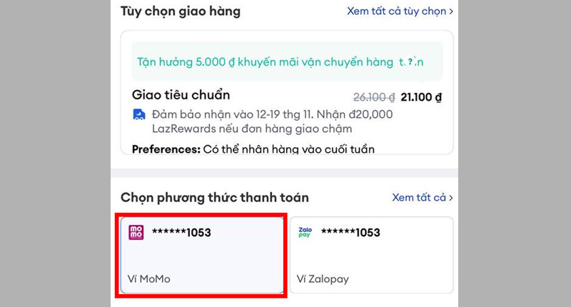 Chọn Ví MoMo tại phương thức thanh toán đơn hàng