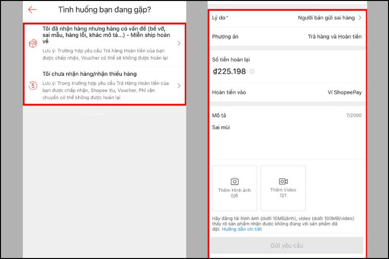 Chọn lý do trả hàng cụ thể, sau đó tải hình ảnh, video làm bằng chứng