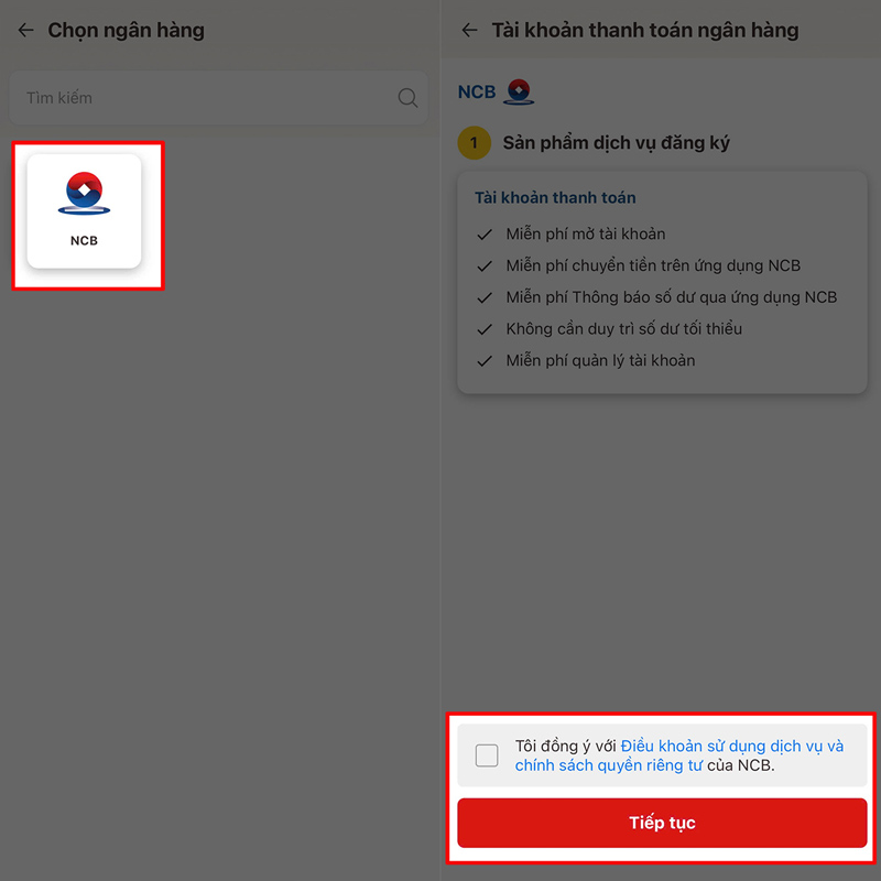 Chọn ngân hàng mở tài khoản và nhấn Tiếp tục