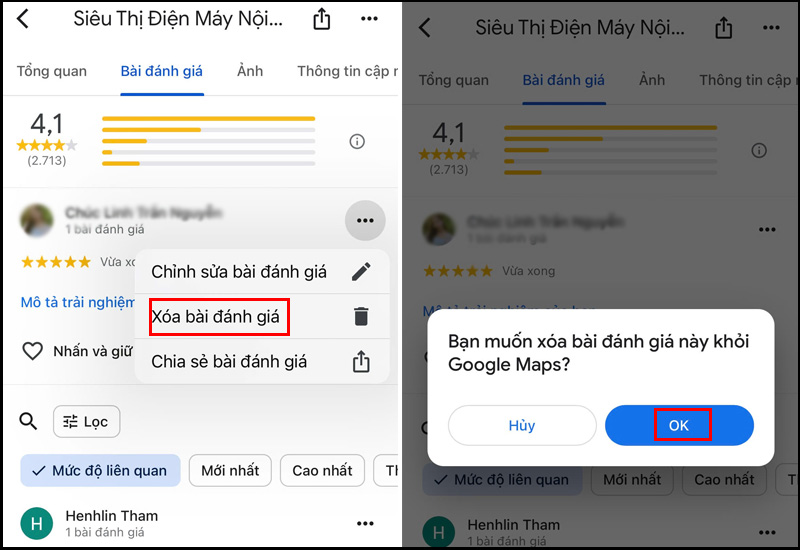 Chọn OK để tiến hành xóa đánh giá trên Google Maps