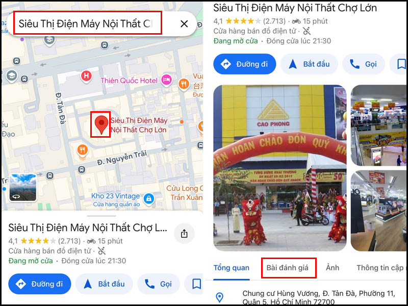 Truy cập vào Google Maps và chọn địa điểm đánh giá rồi chọn Bài đánh giá