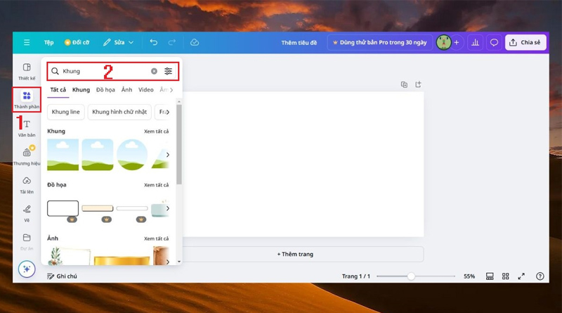 Nhập từ khóa Khung trong mục Thành phần