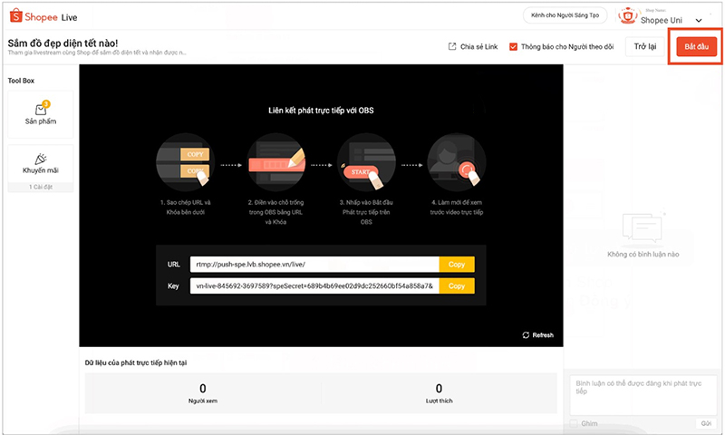 Chọn Bắt đầu để livestream trên Shopee