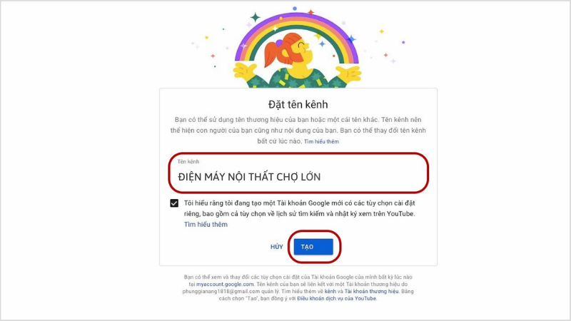 Đặt tên kênh Youtube và nhấn tạo